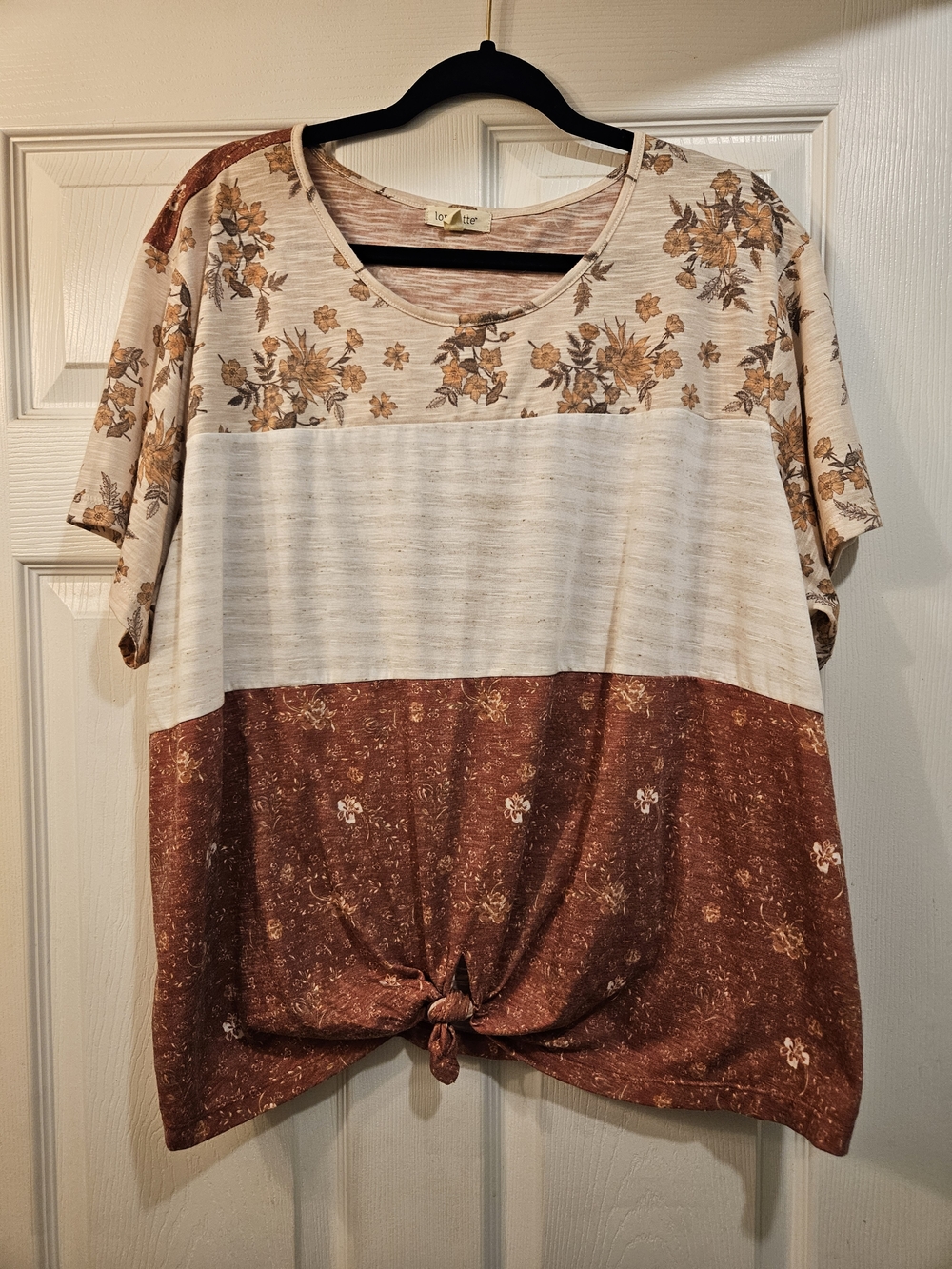 loralette Cream and Brown Floral Blocked Short Sleeve Top